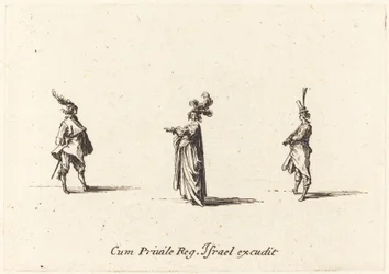 Dame mit Federhut und zwei Herren
