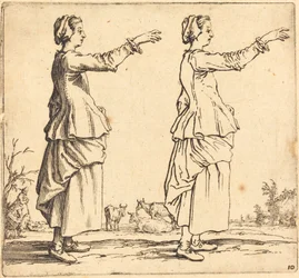 Bäuerin im Profil, nach rechts gewandt, mit ausgestrecktem Arm