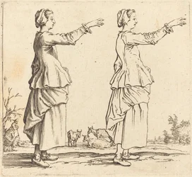 Bäuerin im Profil, nach rechts gewandt, mit ausgestrecktem Arm