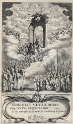 Heilige und Heilige, die an die Tür des Paradieses eilen - Komposition und Gravur von Jacques Callot (1592-1635)
