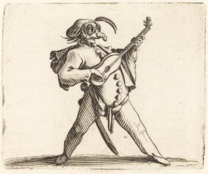 Der maskierte Komiker, der Gitarre spielt
