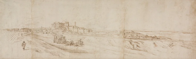 Ansicht des Castello Bracciano, nahe Rom mit Kutsche und Figuren