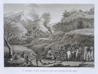 Großes Asiatisches Archipel: Französische Entdecker mit Einheimischen auf der Insel Ombai, aus Voyage Autour du Monde (1817-20), von Louis Claude Desaulses de Freycinet (1779-1842), graviert von Bovinet, veröffentlicht