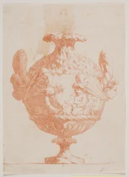 Zier-Vase mit zwei Köpfen und zwei Putti. Kopie nach Pl. 19 aus der Suite der 1746 von Saly gezeichneten Vasen. "Vasa a se inventa..."