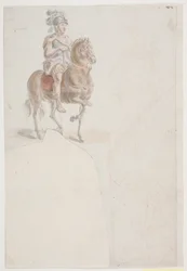 Reiter in römischer Tracht mit federgeschmücktem Helm. Außerdem zwei schwache Rötelzeichnungen von stehenden und halb knienden Männern.