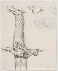 Schwertgriffe in Form eines Drachen sowie drei Drachenköpfe