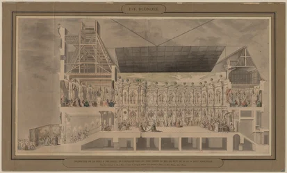Querschnitt des Hôtel de Ville in Perspektive, der die Dekoration und Beleuchtung des Hofes und der Räume zeigt, die anlässlich des Balls in der Nacht vom 30. auf den 31. August 1739 geschaffen wurden