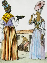 Blumenhändler in Santo Domingo, Farbgravur nach einer Zeichnung von Labrousse, aus Encyclopedie des Voyages, von Jacques Grasset de Saint-Sauveur