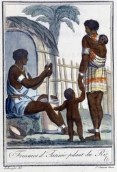 Frauen von Issinie, die Reis stampfen - in „Encyclopedia of Travels“ von Grasset St Sauveur, ed. 1796