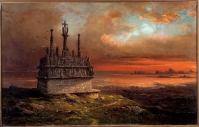 Das Kalvarienberg von Tronoen im Sonnenuntergang