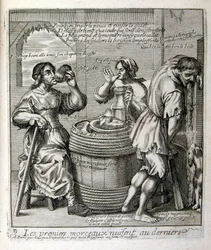 17. Jahrhundert gravierte Illustration aus einer Sammlung von Sprichwörtern. Paris 1657-1663. Von Jacques Lagniet (1620-1675). Französischer Graveur. Von ihm viele sozialkritische Gravuren und Spottbilder wie seine manchmal grotesken und fantastischen Illu