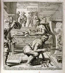17. Jahrhundert gravierte Illustration aus einer Sammlung von Sprichwörtern. Paris 1657-1663. Von Jacques Lagniet (1620-1675). Französischer Graveur. Von ihm viele sozialkritische Gravuren und Spottbilder wie seine manchmal grotesken und fantastischen Illu