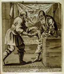 17. Jahrhundert gravierte Illustration aus einer Sammlung von Sprichwörtern. Paris 1657-1663. Von Jacques Lagniet (1620-1675). Französischer Graveur. Von ihm viele sozialkritische Gravuren und Spottbilder wie seine manchmal grotesken und fantastischen Illu