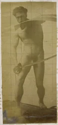 Studie eines männlichen Aktmodells, stehend mit Schwert und Schild in den Händen, im Atelier von Jacques de Lalaing