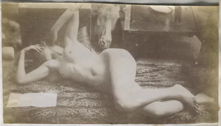 Studie eines weiblichen Aktmodells, liegend auf einem Tigerfell, im Atelier von Jacques de Lalaing