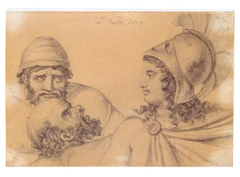 Krieger mit Helm und zwei bärtige Männer