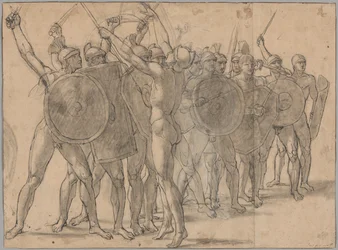 Nackte Soldaten, die mit ihren Waffen gestikulieren (Vorderseite); zwei Gewandstudien für die Figur des Tatius (Rückseite)