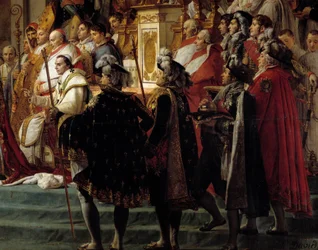 Die Krönung Napoleons. Detail mit dem Vordergrund und Papst Pius VII. während der Weihe von Kaiser Napoleon I. Bonaparte und der Krönung von Kaiserin Joséphine in Notre-Dame de Paris am 2. Dezember
