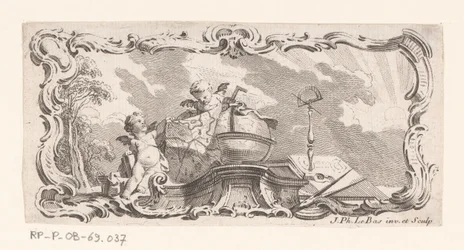 Vignette mit zwei Putti mit Landkarte, Globus und Messinstrumenten