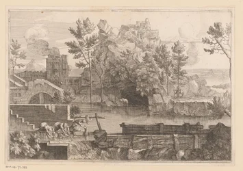 Landschaft mit See und drei badenden Frauen
