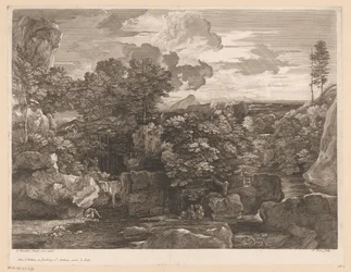 Flusslandschaft mit Kaskaden und einigen Mönchen