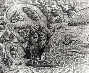 Johannes Staden kommt auf einer unbekannten Insel an und findet die Portugiesen bereits dort, aus Americae, 1593, geschrieben und graviert von Theodor de Bry (1528-98)