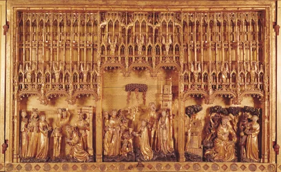 Altarbild der Heiligen und Märtyrer, zentrale Tafel die Enthauptung von Johannes dem Täufer, das Martyrium der Heiligen Katharina von Alexandria und der Heiligen Barbara und die Versuchung des Heiligen Antonius, ca. 1391