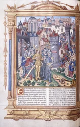 Illuminierte Handschrift, die einen König und seine Armee vor einer Stadt darstellt, 1503-04