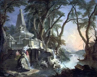 Der Pyramidenbrunnen mit einer zerbrochenen Statue von Neptun, oder Landschaft: Der Fluss