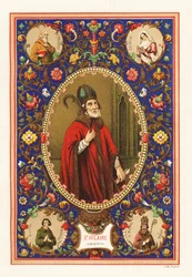 Porträt des Heiligen Hilarius, Bischof von Poitiers, mit Mitra und Krummstab, innerhalb eines dekorativen Rahmens aus Laub