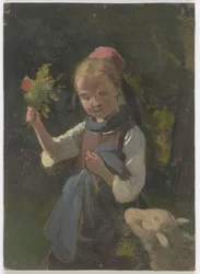 Bauernmädchen mit Blumenstrauß, von rechts ein Schaf