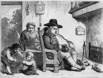 John Bull glücklich: John Bull (typische englische Figur, Symbol Englands) zu Hause mit seiner Frau und seinen Kindern. Gravur von Gilbert nach Gillray. In „Le Magasin pittoresque“