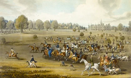 Jäger betreten das Feld im Hatfield Park, graviert von James Pollard