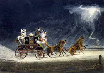 Die Postkutsche in einem Gewitter, graviert von R.G. Reeve