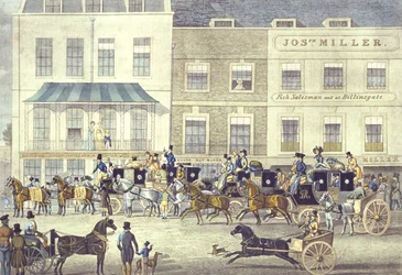 West Country Mail im Gloucester Coffee House, Piccadilly, graviert von C. Rosenberg