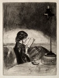 Lesen bei Lampenlicht, 1859