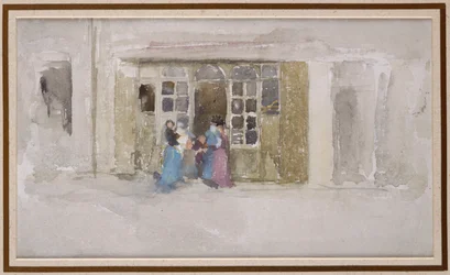 Frauen und Kinder an einer Ladentür, ca. 1888