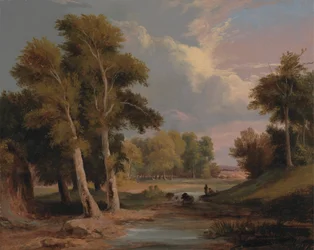 Bewaldete Flusslandschaft mit Fischern