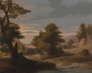 Eine bewaldete Flusslandschaft mit Mutter und Kind