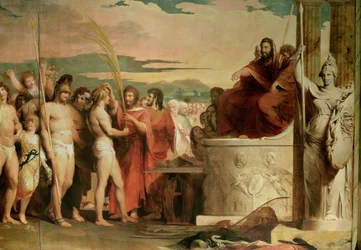 Krönung der Sieger in Olympia, drittes Werk der Reihe Der Fortschritt der menschlichen Kultur und des Wissens, Detail der Sieger, die vor den Hellanodiken gekrönt werden, um 1777-84