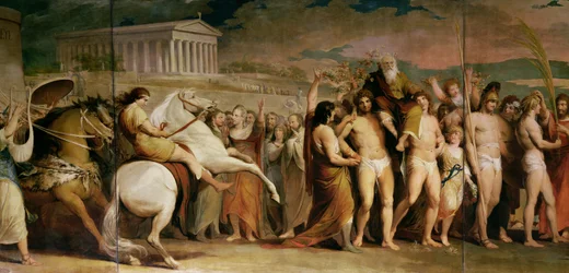 Krönung der Sieger in Olympia, dritter Teil der Serie „Der Fortschritt der menschlichen Kultur und des Wissens“, Detail der Mitteltafel mit Diagoras, ca. 1777-1801