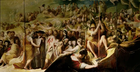 Elysium oder der Zustand der endgültigen Vergeltung, sechste in der Serie Der Fortschritt der menschlichen Kultur und des Wissens, Detail von Wissenschaftlern und Philosophen