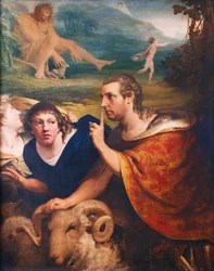 Porträts von James Barry und Edmund Burke in den Rollen von Odysseus und seinem Begleiter, die aus der Höhle des Polyphem fliehen, 1776