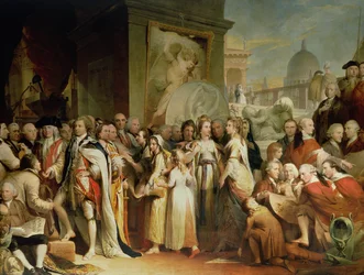 Die Verteilung der Prämien in der Society of Arts, fünfter in der Serie Der Fortschritt der menschlichen Kultur und des Wissens, ca. 1777-84