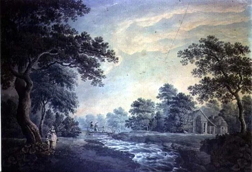 Landschaft mit Bach und Brücke