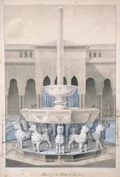 Brunnen im Löwenhof, Alhambra, aus The Arabian Antiquities of Spain, veröffentlicht 1815 (handkolorierte Gravur)