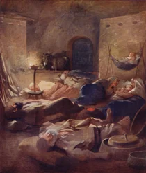 Inneres eines Fellahheen-Hauses bei Nacht