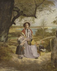 Mutter und Kind an einem Stil, mit Culver Cliff, Isle of Wight, in der Ferne