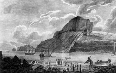 Kerguelen-Insel, Blick auf die Weihnachtsbucht, Zeichnung von William Hodges, Kupferstich von William Watts, Illustration aus Reise zum Südpol und um die Welt, von James Cook, Ausgabe veröffentlicht in Paris 1778