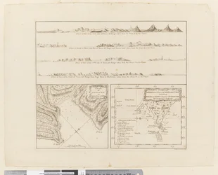 Vier Profile der Küste von Terra del Fuego, ein Plan der Success Bay in der Straße Le Maire, eine Karte des südöstlichen Teils von Terra del Fuego, graviert von T. Borven und J. Gibson